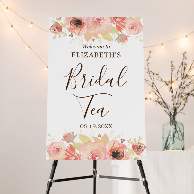 Elegant Pink Floral Welcome Bridal Tea Sign (In Situ (Stand))