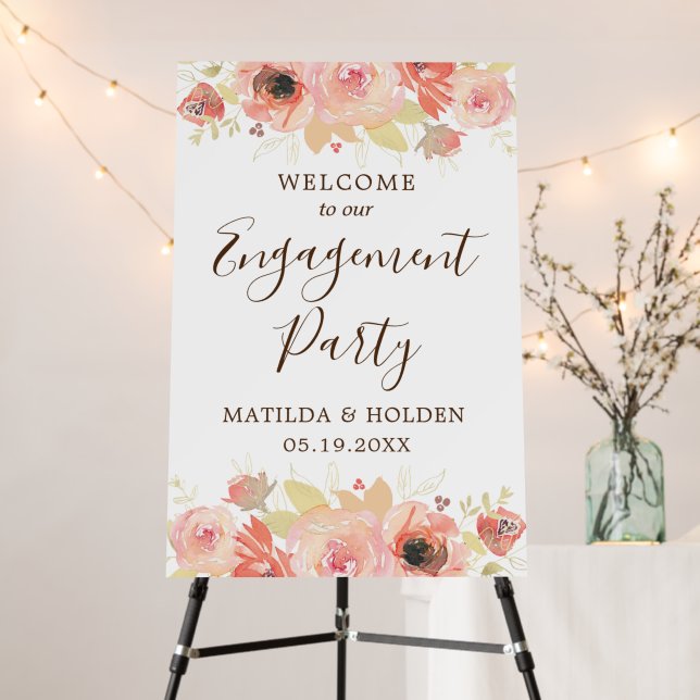 Elegant Pink Floral Welcome Engagement Party Sign (In Situ (Stand))