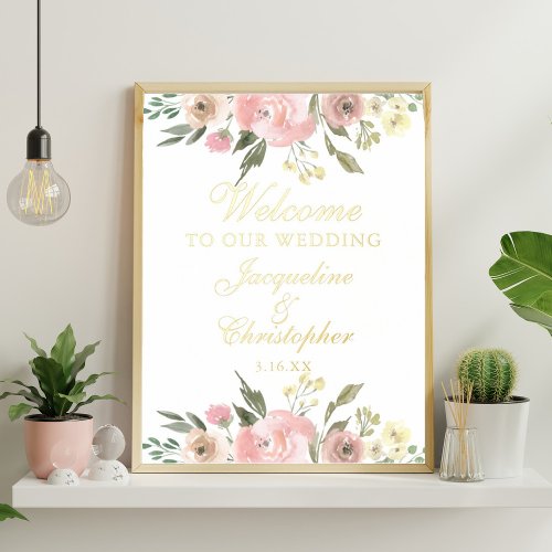 Elegant Pink Floral Welcome to our Wedding Gold Foil Prints