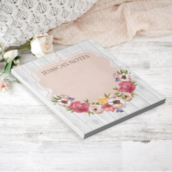 Elegant Pink Floral White Rustic Wood Name Notepad by ALittleSticky at Zazzle