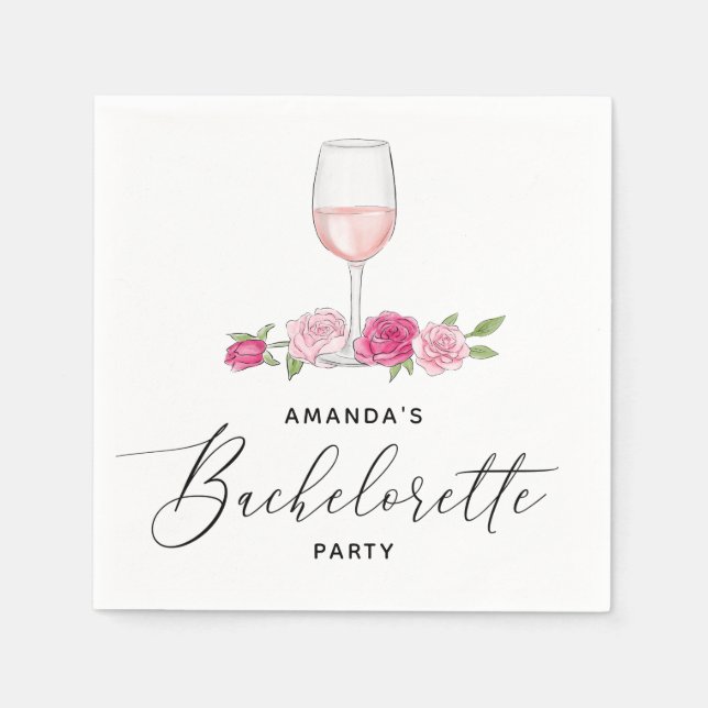 Elegant pink floral wine glass bachelorette party napkins (Front)