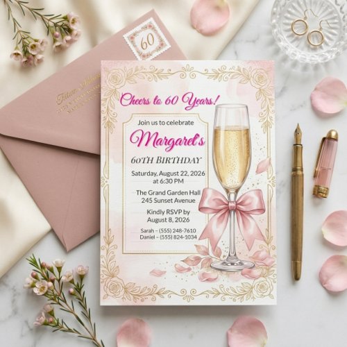 Elegant Pink Floral with Champagne 60th Birthday Invitation