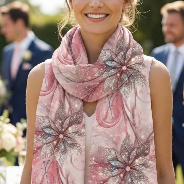 “Elegant Pink Floral with Glitter Accents Chiffon  Scarf (Pink and silver sparkle chiffon scarf over pink sheath dress, a lovely look for spring weddings.)