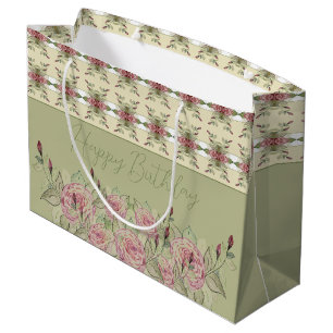 Elegant Pink Floral With Green Large Gift Bag