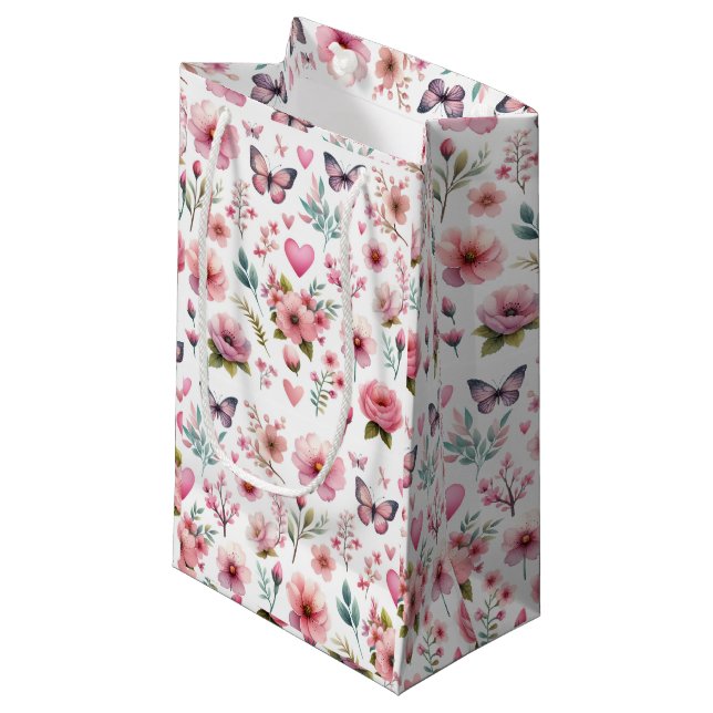 Elegant Pink Floral Woman's Small Gift Bag (Front Angled)