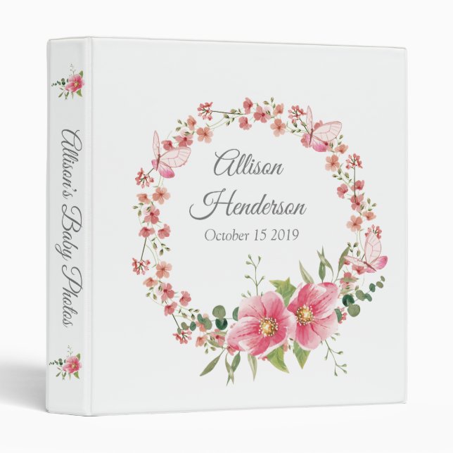 Elegant Pink Floral Wreath Baby Photo Album 3 Ring Binder (Front/Spine)