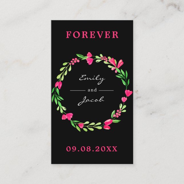 Elegant Pink Floral Wreath Black Wedding Registry Enclosure Card (Front)