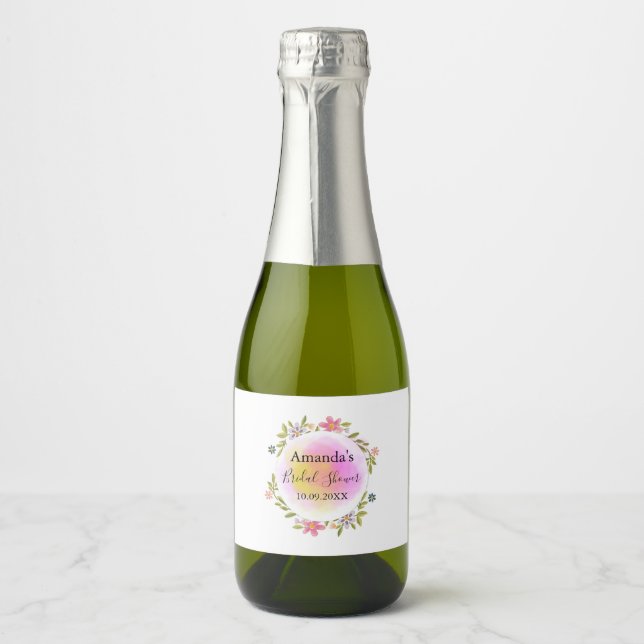 Elegant Pink Floral Wreath Bridal Shower Sparkling Wine Label (Front)