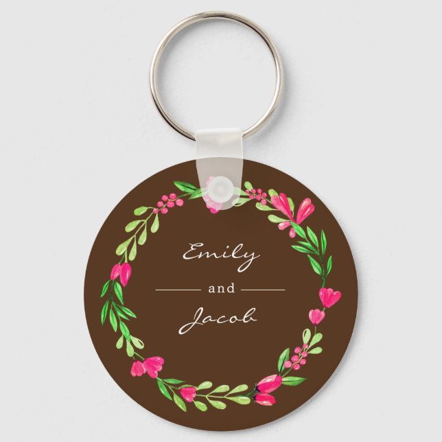 Elegant Pink Floral Wreath Brown Name of Couple Keychain (Front)