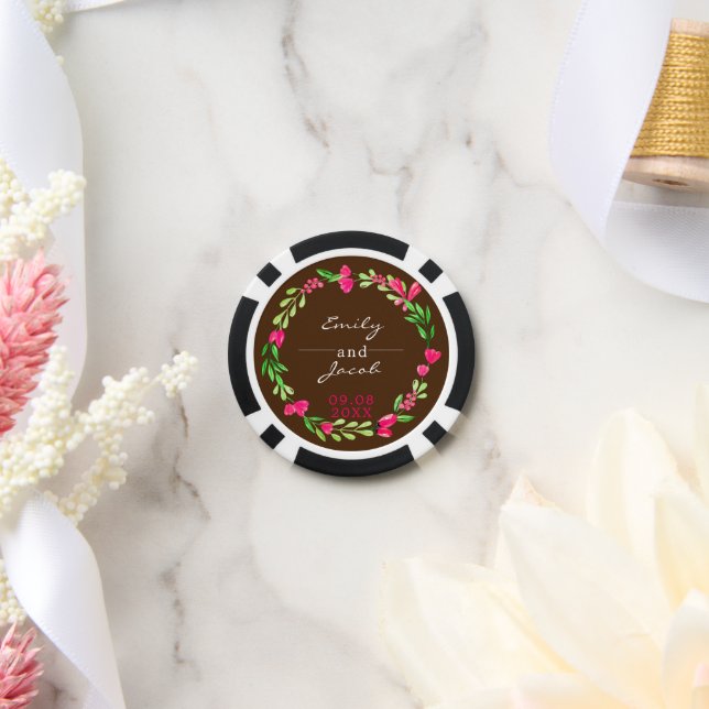 Elegant Pink Floral Wreath Brown Wedding Poker Chips (Wedding)