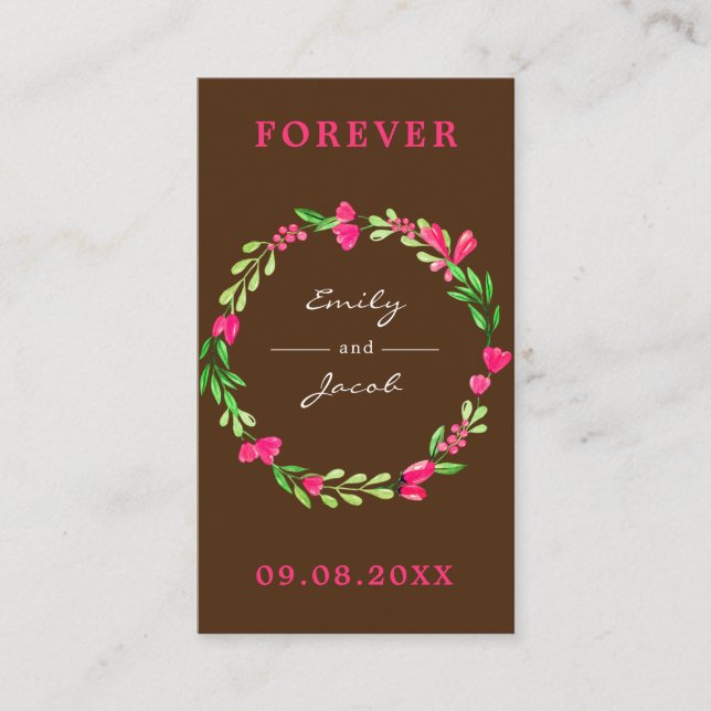 Elegant Pink Floral Wreath Brown Wedding Registry Enclosure Card (Front)