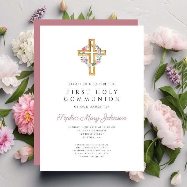 Elegant Pink Floral Wreath Cross First Communion  Invitation (Creator Uploaded)