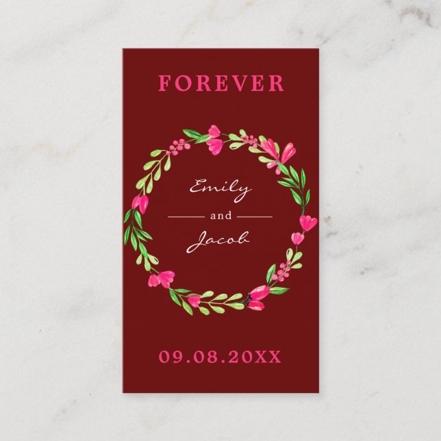 Elegant Pink Floral Wreath Dark Red Wed Registry Enclosure Card (Front)