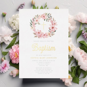 Elegant Pink Floral Wreath Girl Baptism  Foil Invitation