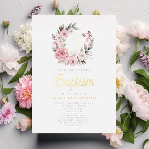 Elegant Pink Floral Wreath Girl Baptism Gold Foil Invitation