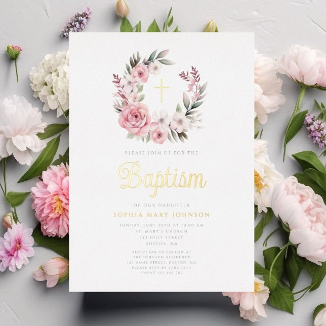 Elegant Pink Floral Wreath Girl Baptism Gold Foil Invitation (Elegant Pink Floral Wreath Girl Baptism Gold Foil Invitation)