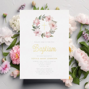 Elegant Pink Floral Wreath Girl Baptism Gold Foil Invitation