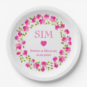 Elegant Pink Floral Wreath, Heart Wedding Monogram Paper Plates