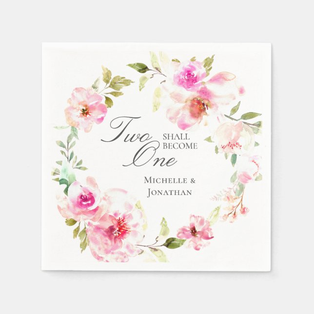 Elegant Pink Floral Wreath Inspirational Wedding Napkins (Front)