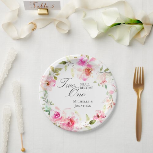 Elegant Pink Floral Wreath Inspirational Wedding Paper Plates