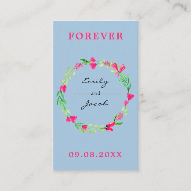 Elegant Pink Floral Wreath Light Blue Wed Registry Enclosure Card (Front)