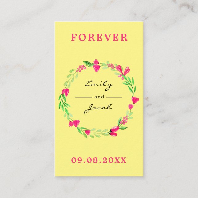 Elegant Pink Floral Wreath LT Yellow Wed Registry Enclosure Card (Front)