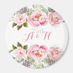 Elegant Pink Floral Wreath Monogram 25th Wedding  Magnet