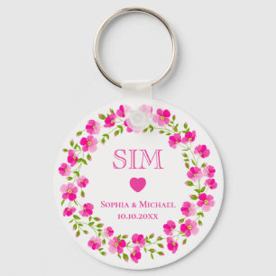 Elegant Pink Floral Wreath Monogram Wedding Favor Keychain