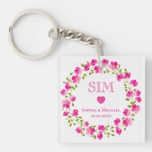 Elegant Pink Floral Wreath Monogram Wedding Favor Keychain