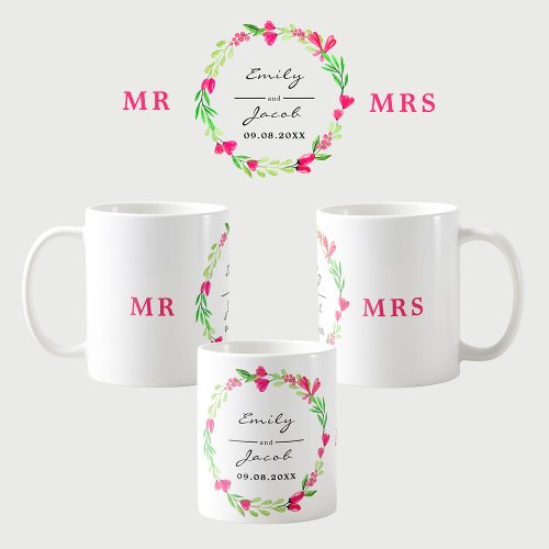 Elegant Pink Floral Wreath MR MRS Wedding Names Coffee Mug