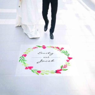 Elegant Pink Floral Wreath White Couple Names 36" Floor Decals