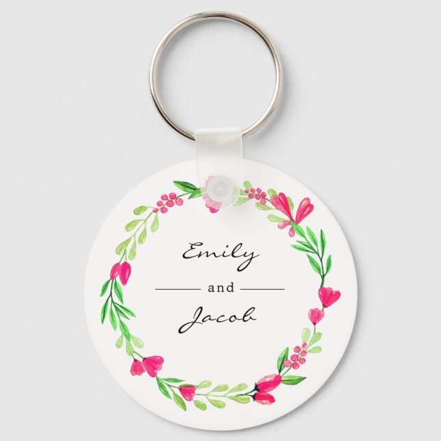 Elegant Pink Floral Wreath White Name of Couple Keychain (Front)