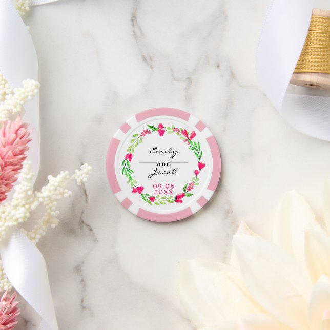Elegant Pink Floral Wreath White Wedding Poker Chips (Wedding)