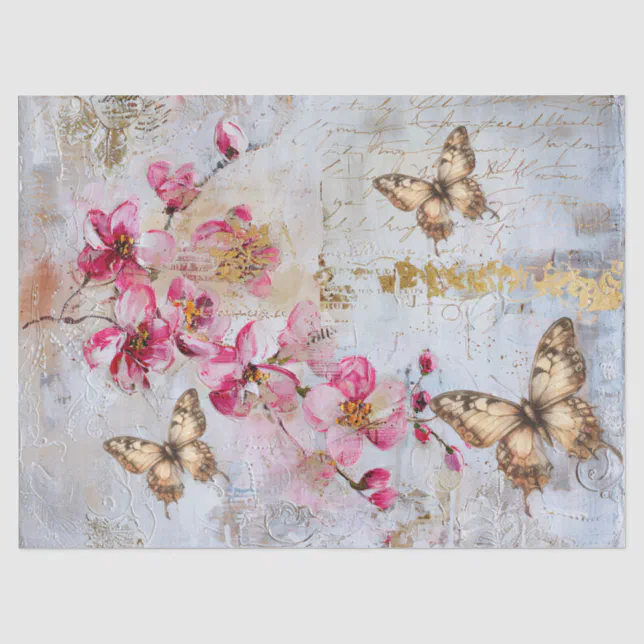Elegant Pink Florals Butterflies Vintage Decoupage Tissue Paper | Zazzle