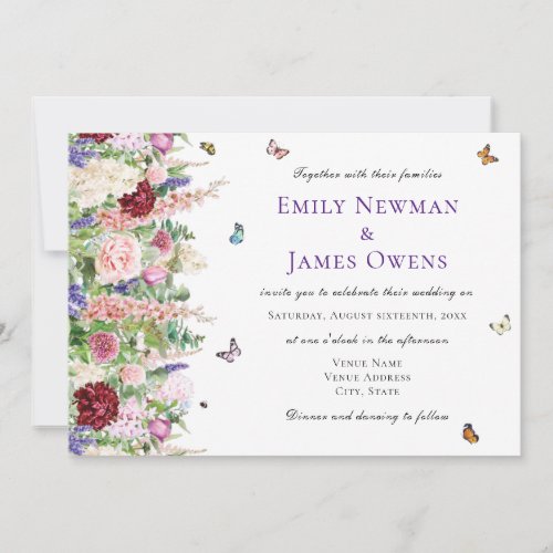 Elegant Pink Florals  Butterflies  Wedding Invitation