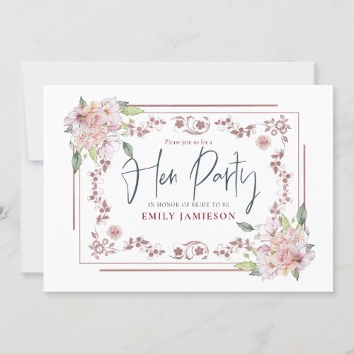 Elegant Pink Florals Frame Glam Hen Party Invitation