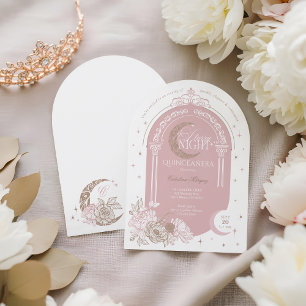 Elegant Pink Florals Moon Stars Tiara Quinceañera Invitation