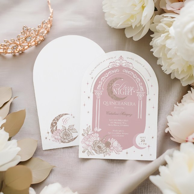 Elegant Pink Florals Moon Stars Tiara Quinceañera Invitation (Elegant Pink Florals Moon Stars Tiara Quinceañera Invitation)