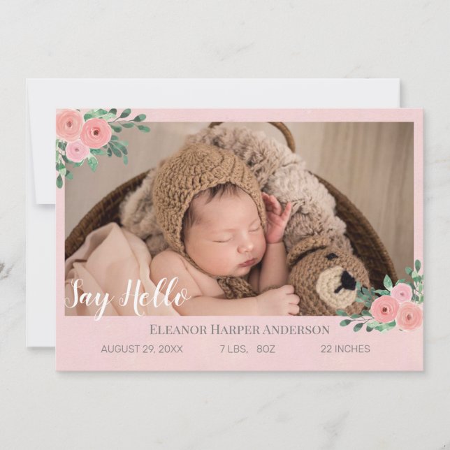 Elegant Pink Florals Photo Birth Announcement (Front)