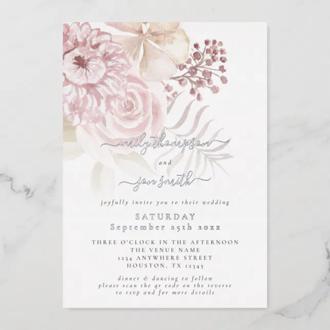 Elegant Pink Florals QR Code Wedding Real Foil Invitation | Zazzle