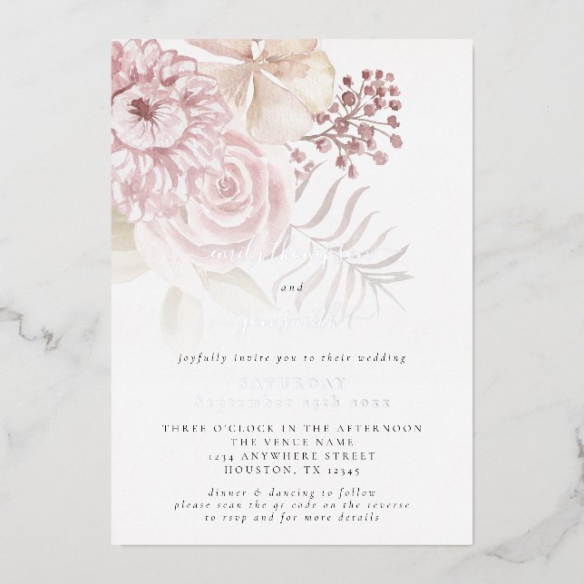 Elegant Pink Florals QR Code Wedding Real Foil Invitation (Front)