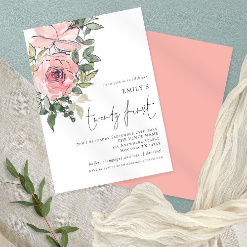 Elegant Pink Florals Twenty First Birthday Party Invitation