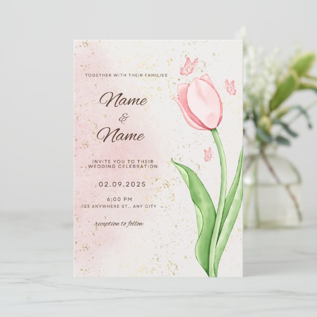 Elegant pink flower and butterfly wedding card (Standing Front)