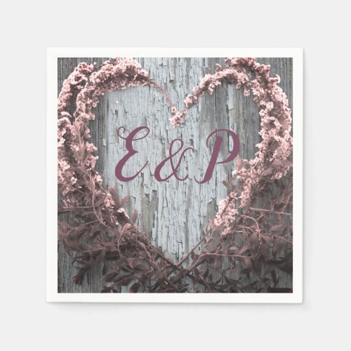 Elegant pink flower heart rustic barn wood wedding napkins