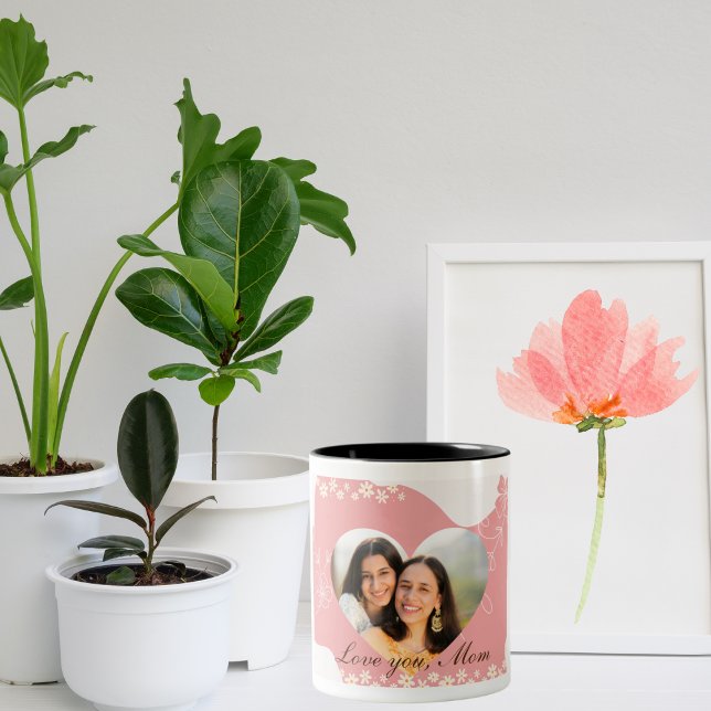Elegant Pink Flower Heart Shape Photo Mug  (Creator Uploaded)