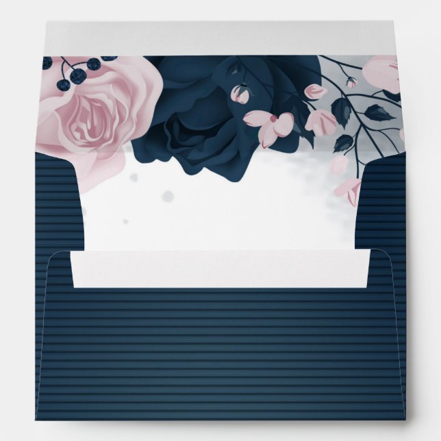 elegant pink flower navy blue wedding envelope (Back (Bottom))