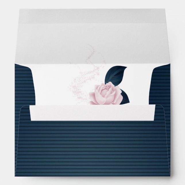 elegant pink flower navy blue wedding envelope (Back (Bottom))