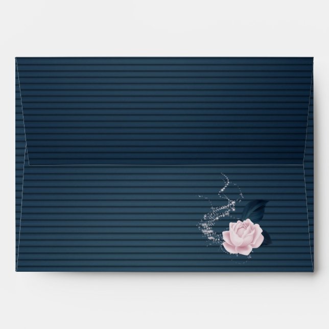 elegant pink flower navy blue wedding envelope (Back (Top Flap))