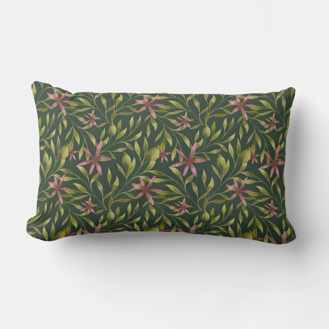 Elegant Pink Flower Pattern on Dark Background Lumbar Pillow (Front)