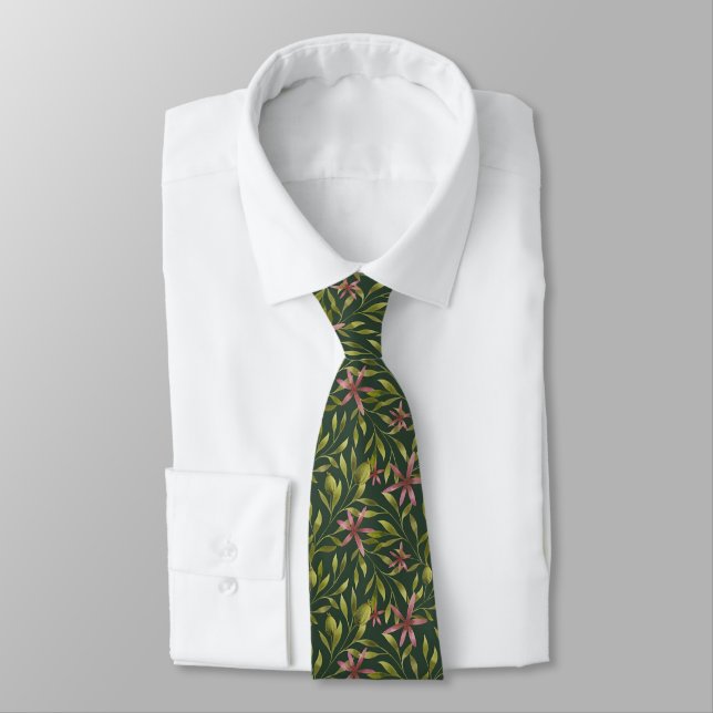 Elegant Pink Flower Pattern on Dark Background Neck Tie (Tied)